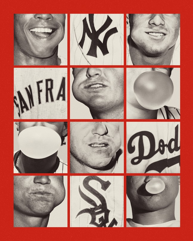 Grid of close-up black-and-white square photos of baseball players chewing and blowing bubbles, on a red background