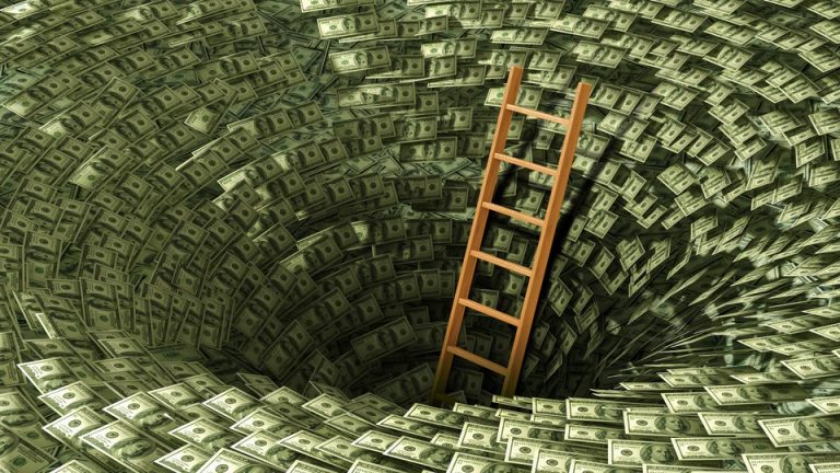 illustration of a ladder leading the way out of a hole covered with dollar bills