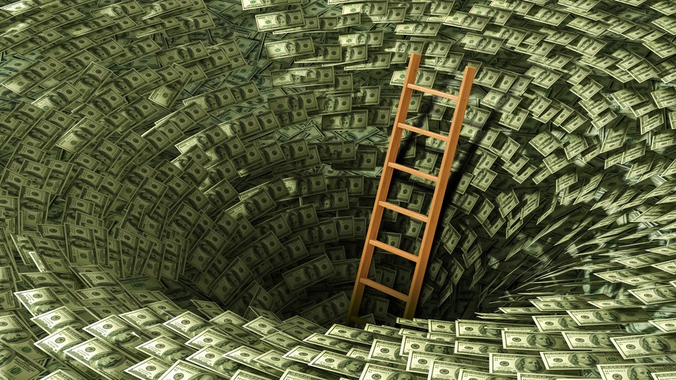 illustration of a ladder leading the way out of a hole covered with dollar bills