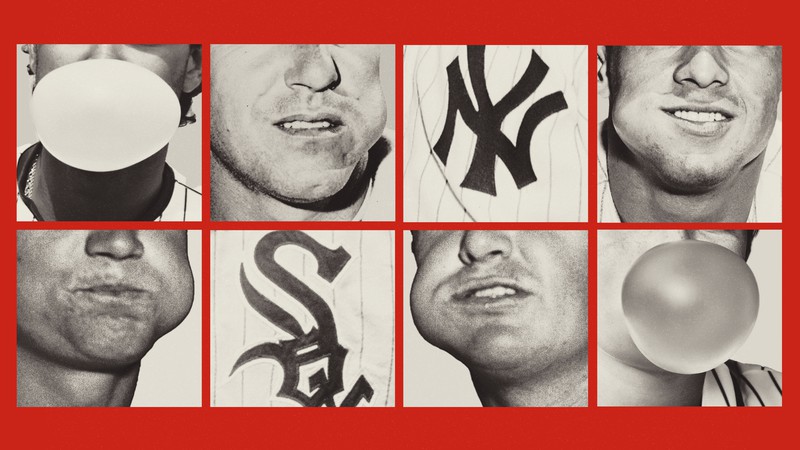 Grid of close-up black-and-white square photos of baseball players chewing and blowing bubbles, on a red background