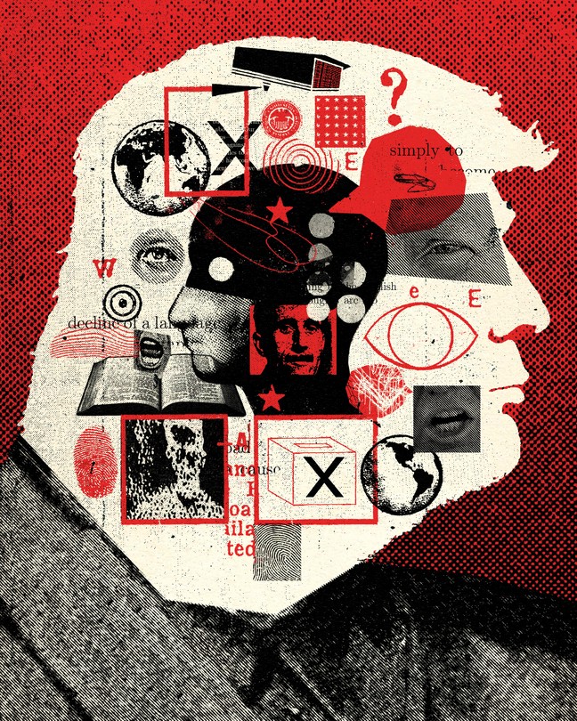 Collage of Donald Trump in profile, George Orwell, and images of words