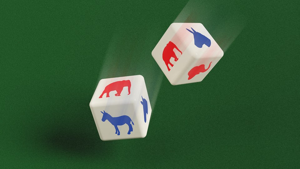 An illustration of two dice with a red elephant and a blue donkey on the sides