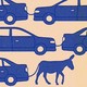 a donkey's tail is attached to a line of cars (all in blue)