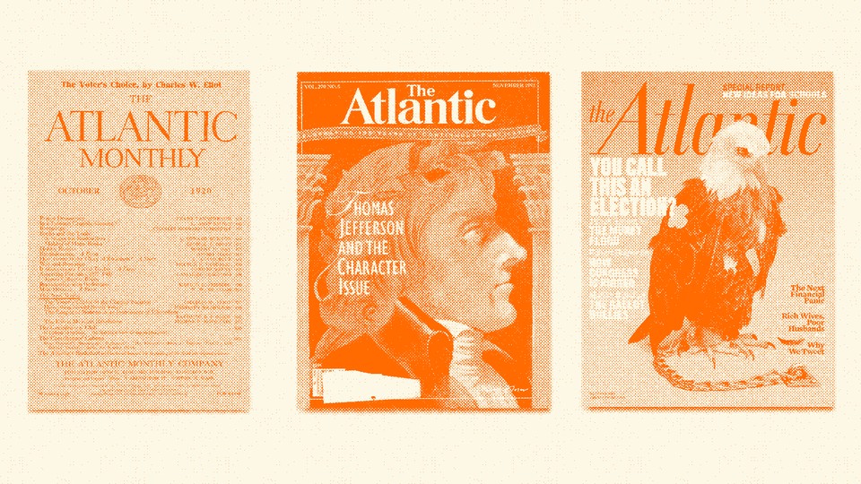 An orange-tinted illustration of three issues of The Atlantic magazine side by side. From L to R: The October 1920 issue, the November 1992 issue, and the October 2012 issue