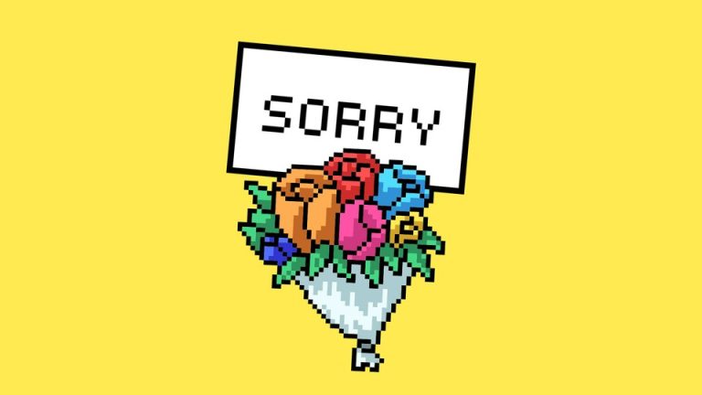 A digital representation of a bouquet of flowers with a card that says "sorry," on a yellow background