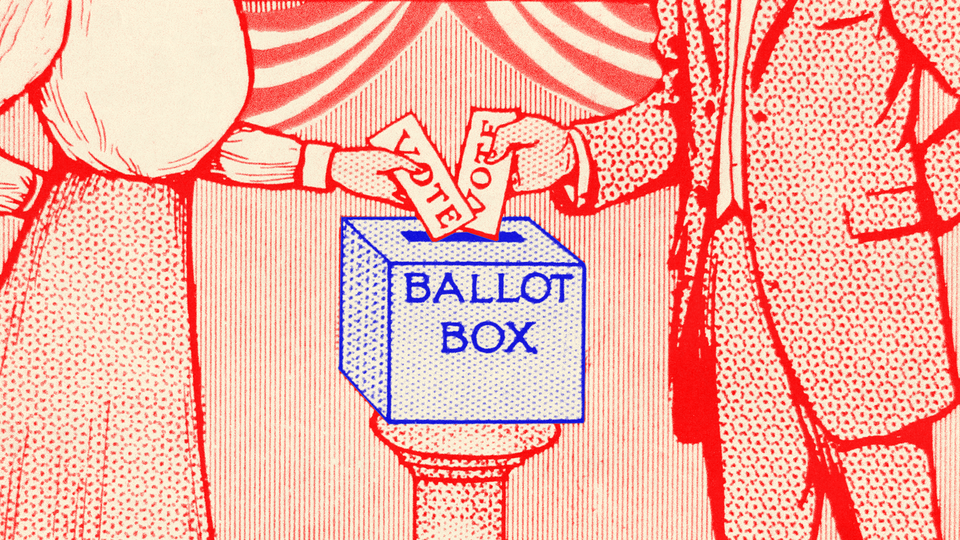 People dressed in an old-fashioned manner putting their vote into a ballot box