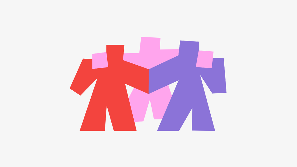 Three stick figures—one red, one pink, one purple—are linked