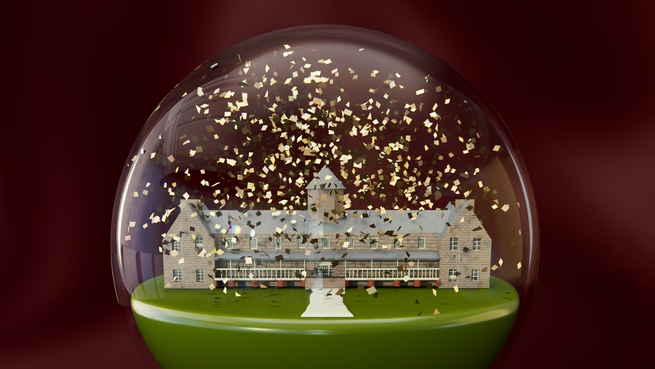 A university inside of a snow globe