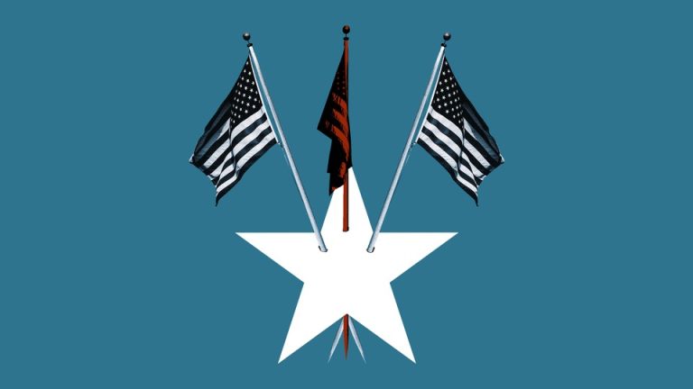 On a deep cerulean background a white star has three American flags piercing its center. The flag in the middle is red and black while the two flags on either side are black and white.