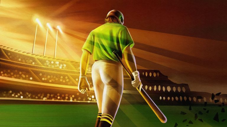 Illustration of a baseball player in green, at sunset