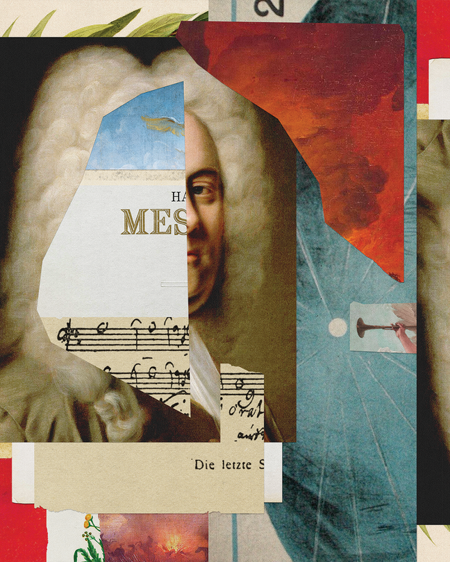 collage illustration with layers of a Handel portrait, pieces of sheet music, and fragments of angels and paintings