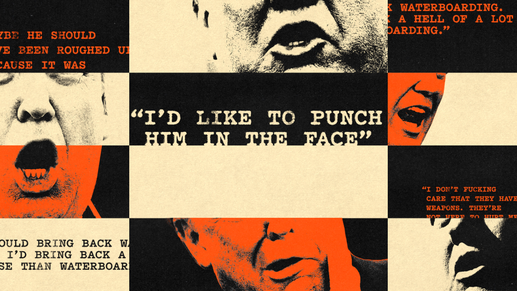 A collage of Donald Trump's face interspersed with snippets of his comments