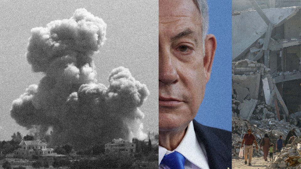 Triptych showing pictures of explosion, Netanyahu and rubble