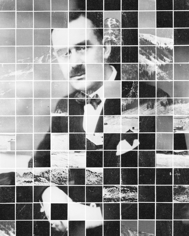 A grid of white lines over squares of two interlaced black-and-white photos, a portrait of Thomas Mann and a picture of a snowy mountain slope