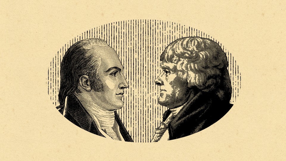 An illustration showing Thomas Jefferson and Aaron Burr facing one another