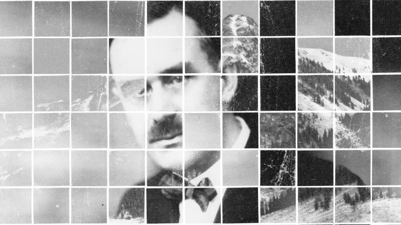 A grid of white lines over squares of two interlaced black-and-white photos, a portrait of Thomas Mann and a picture of a snowy mountain slope