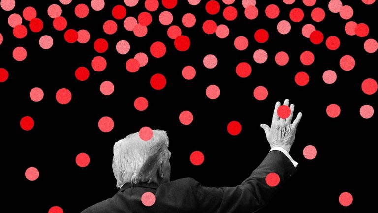 Illustration showing red dots raining on Trump