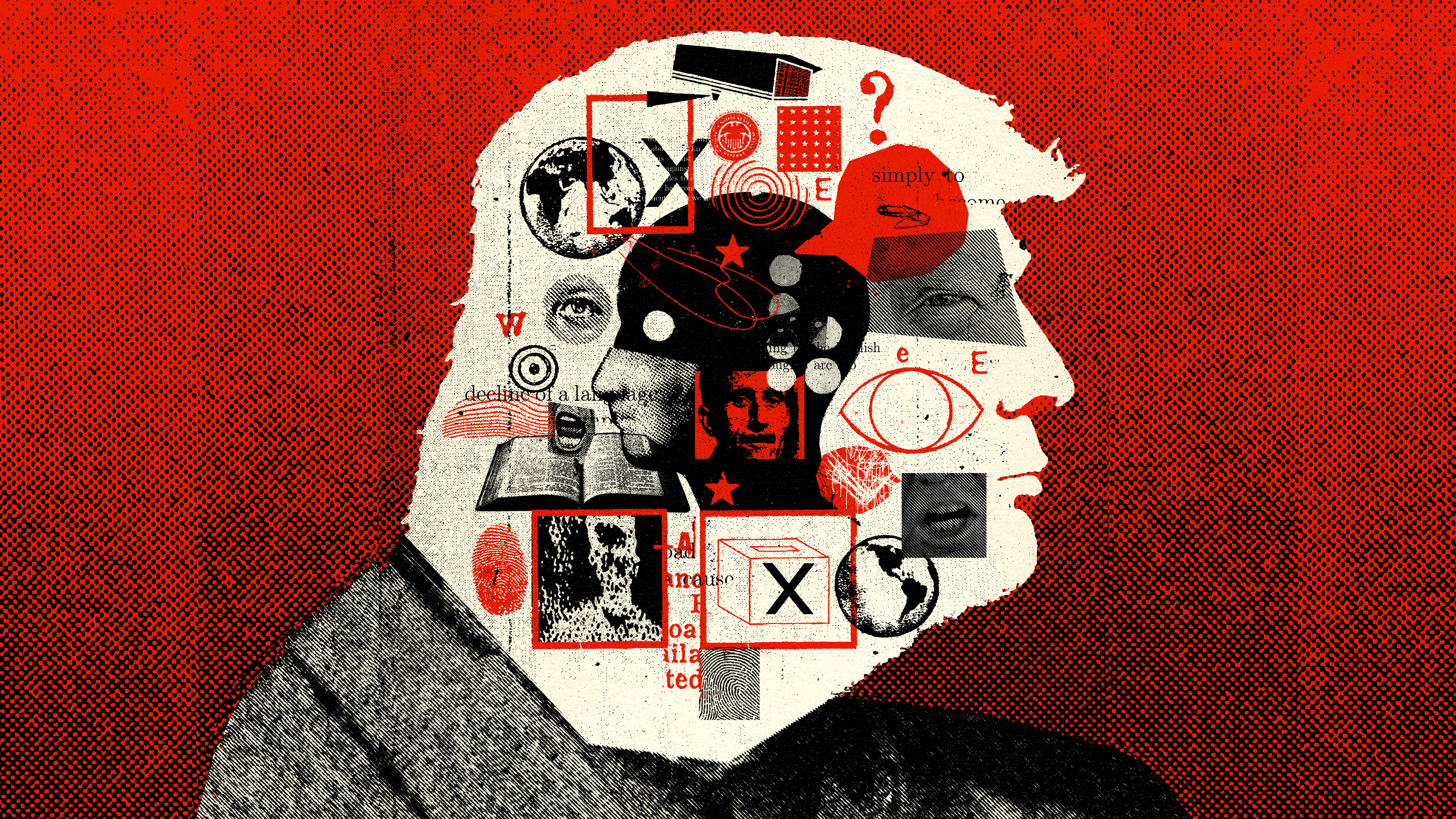 Collage of Donald Trump in profile, George Orwell, and images of words