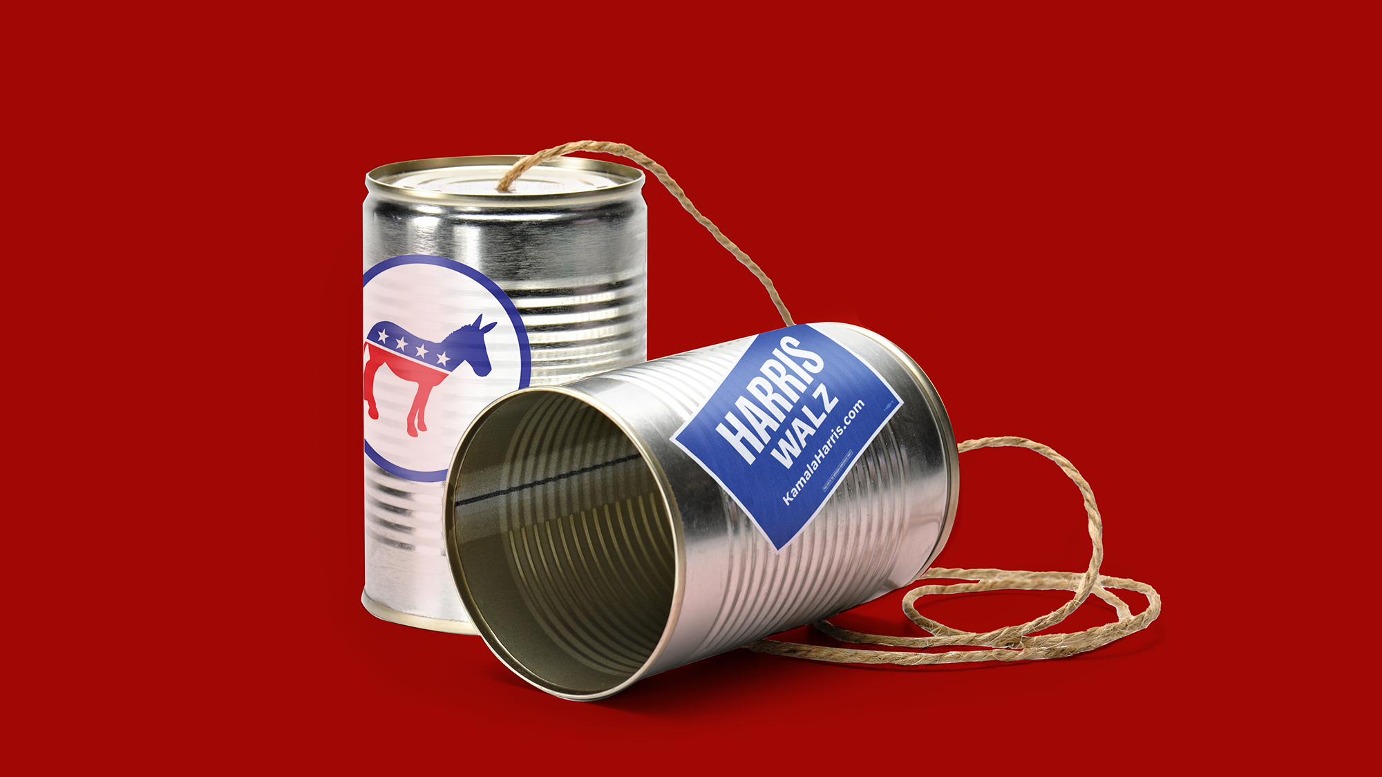 Illustration of two metal cans hooked up to speak to each other, bearing Democratic Party insignia