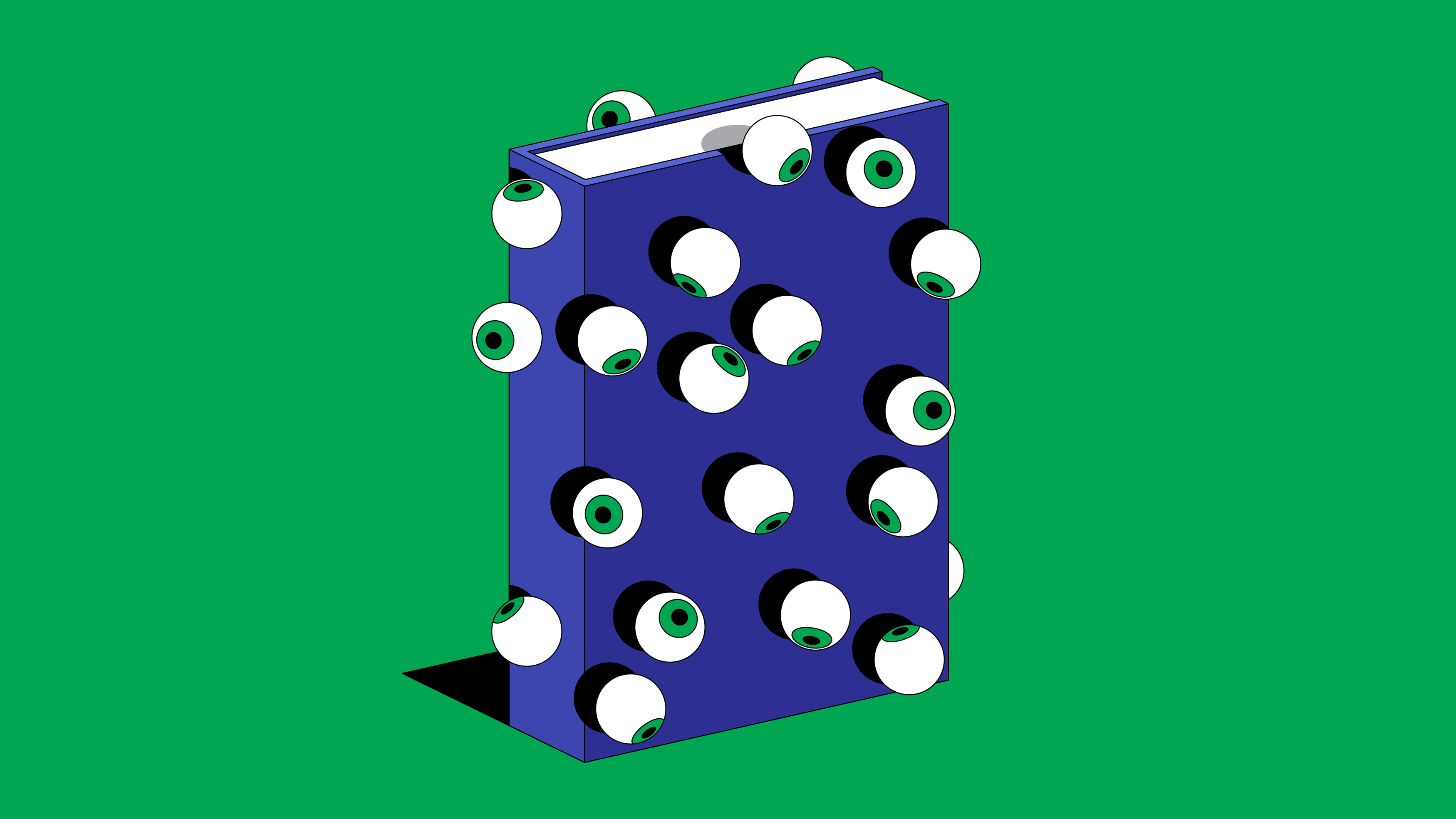 An illustration of a blue book with multiple eyeballs stuck on it