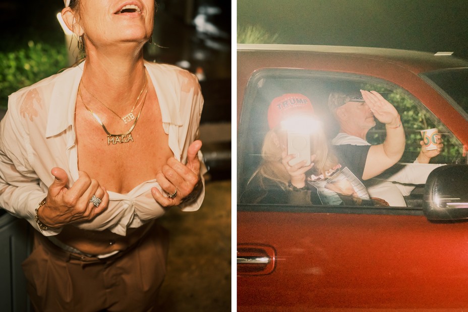 In a diptych, there is a white woman wearing a white shirt leaning forward revealing her necklace and next to her is a white woman in a red car shining her phone at the camera and waving.