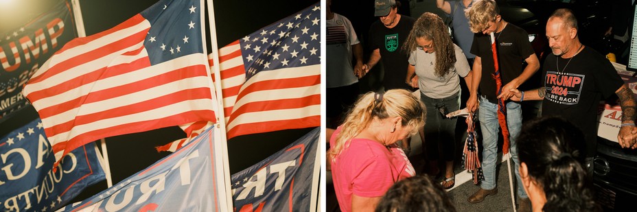 In a dipytch, there are American flags and Trump flags and a group of people holding hands and bowing their heads with eyes closed.