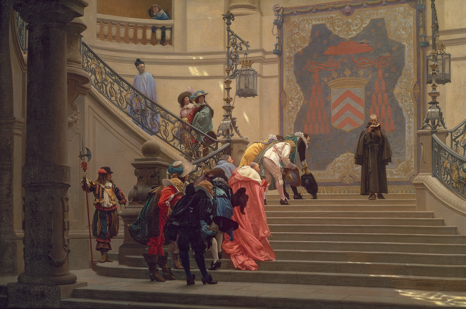 painting of a grand staircase with a robed figure descending on the right and a group of people on the left bowing to him