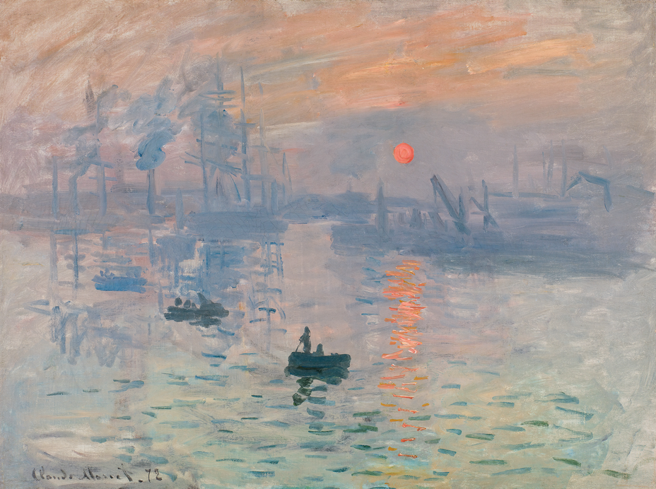 painting with bright orange sun reflecting in water with hazy pink sky and vague purplish structures in background and several boats