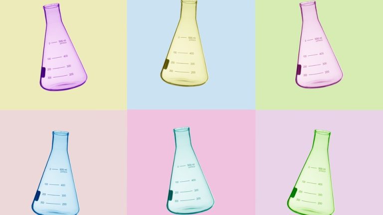 Six multicolor lab flasks