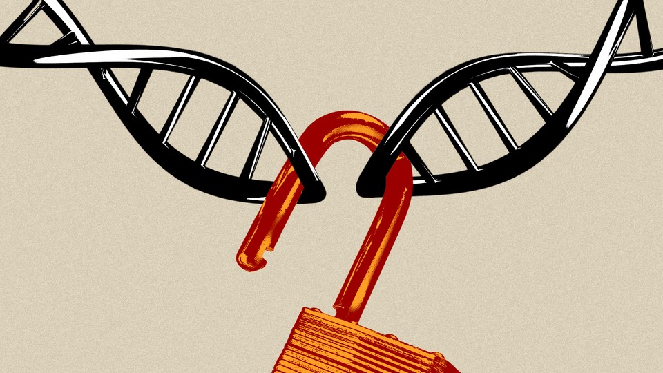 Color illustration of two double helices being held together by an open orange padlock