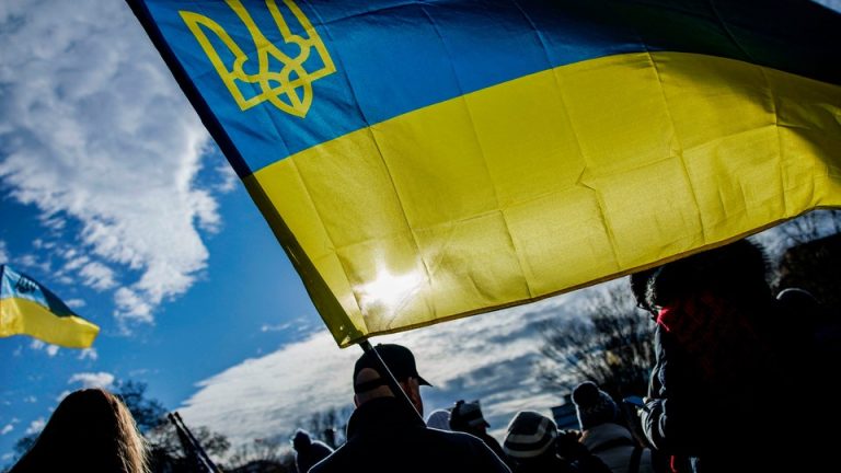 Pro-Ukrainian demonstrators wave flags in Washington, D.C.