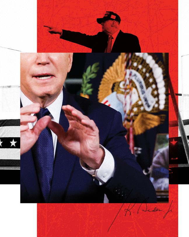 A collage of Donald Trump pointing behind a cropped photo of Joe Biden speaking