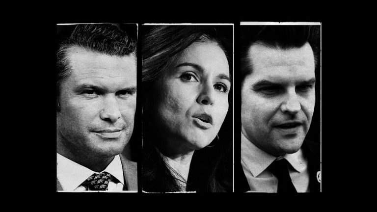 A triptych of black-and-white photos of Pete Hegseth, Tulsi Gabbard, and Matt Gaetz, cropped from the collar up