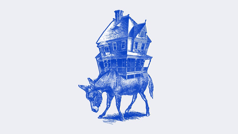 illustration of a blue donkey with a large house weighing it down