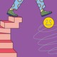 An illustration of a person walking off a series of steps with one foot about to buoyed up by a happy face.