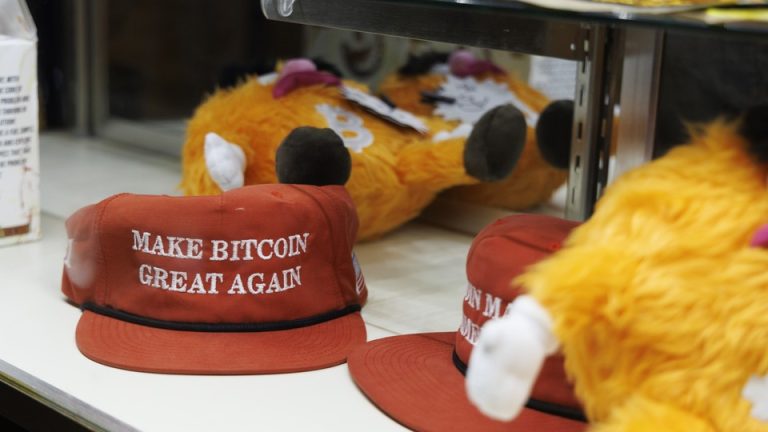 Two red "MAKE BITCOIN GREAT AGAIN" hats