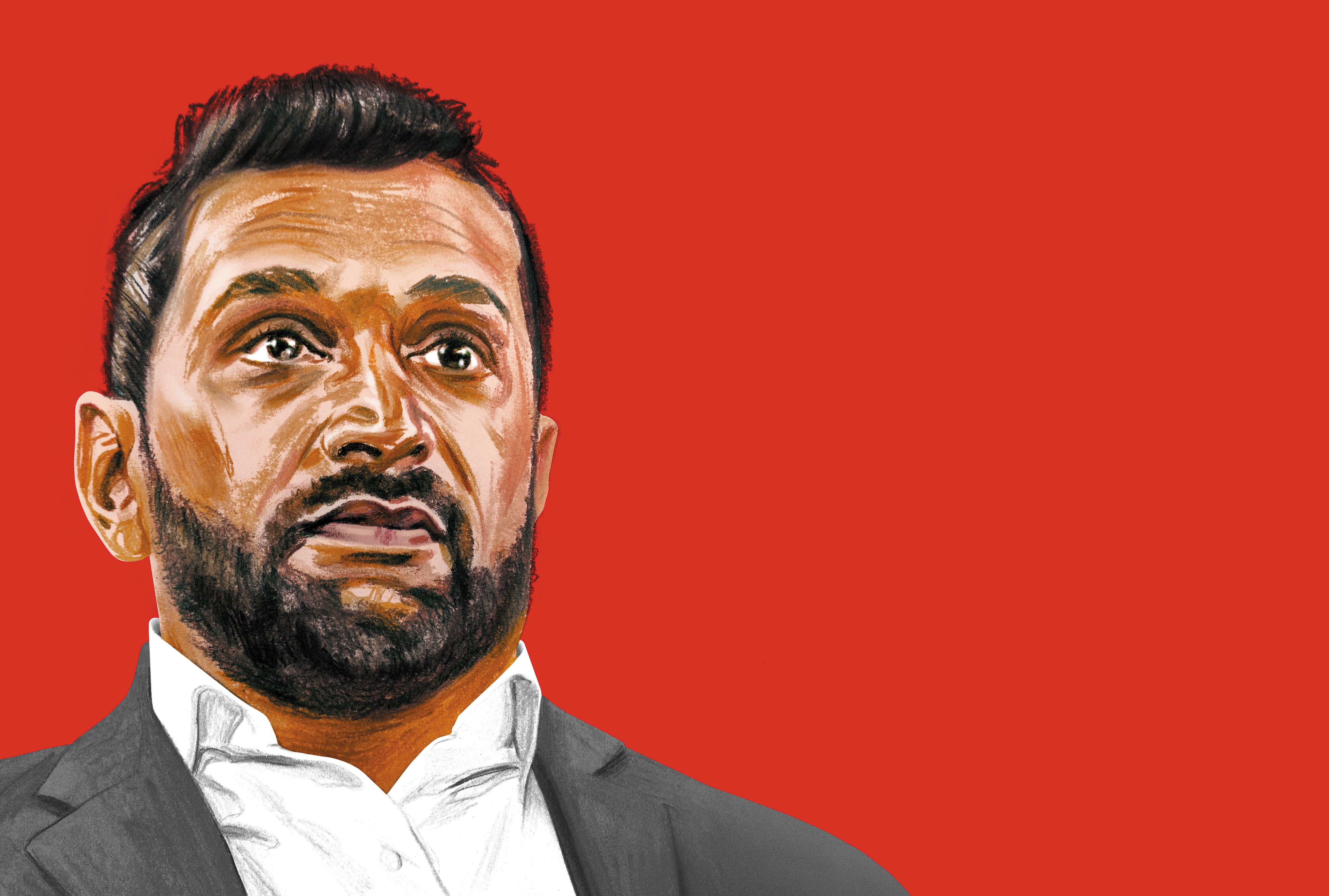 illustration of Kash Patel in white collared shirt and gray suit jacket on red background