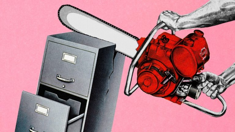 A red chainsaw cracking a filing cabinet in two