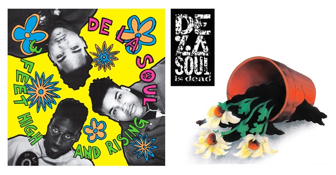 Two album covers, on the left three mean surrounded by flowers and the text "3 Feet High and Rising," on the right an overturned pot of daisies.