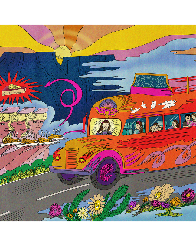 brightly painted bus driving down road with '60s-style sunset and diner waitresses with pie