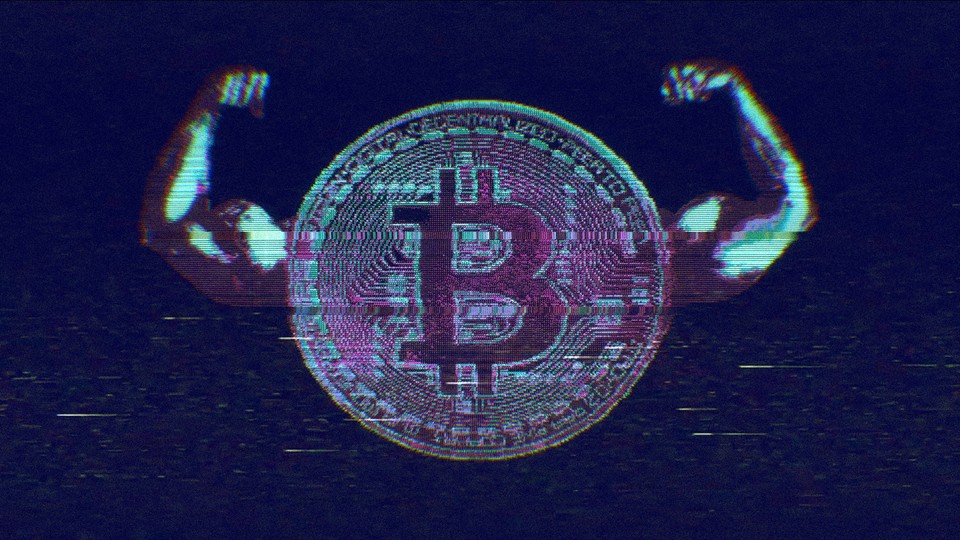 Illustration of a Bitcoin token with two arms flexing its biceps