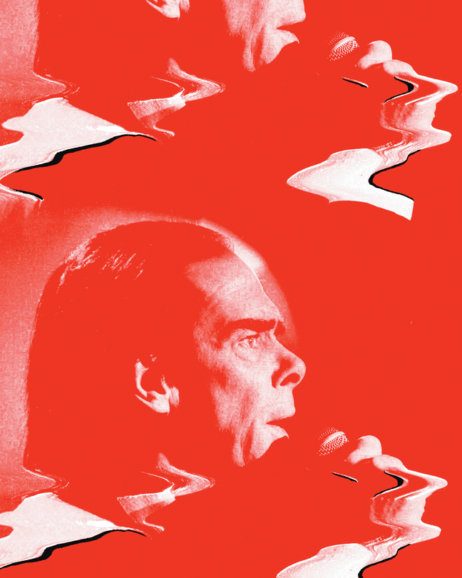 photo-illustration of doubled red image of Nick Cave singing into microphone