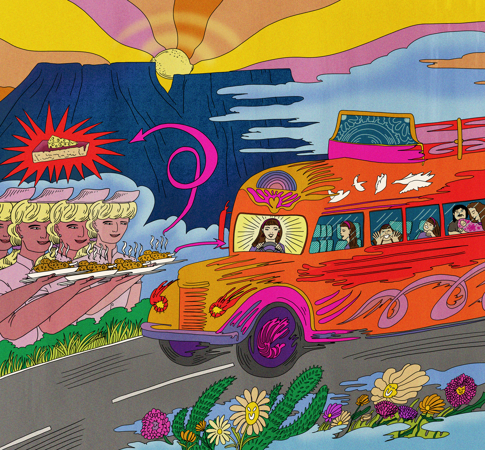 brightly painted bus driving down road with '60s-style sunset and diner waitresses with pie