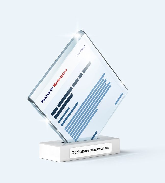 a trophy with a Publishers Marketplace deal report encased in crystal on a pedestal