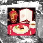 a color photo of a place setting at a restaurant laid over a black and white photo of a noodle maker