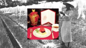 a color photo of a place setting at a restaurant laid over a black and white photo of a noodle maker