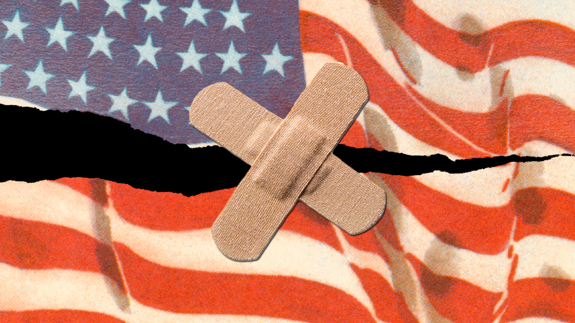 Two bandaids cross over an American flag