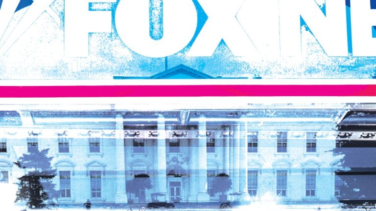 In a photo collage, the Fox News logo looms above the White House.