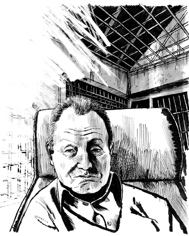 A black-and-white illustration of an older man in a collared shirt and v-neck sweater sitting in a high-back chair.