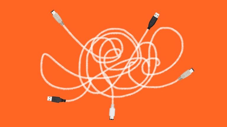 An illustration of a spaghetti of computer cables with different connectors